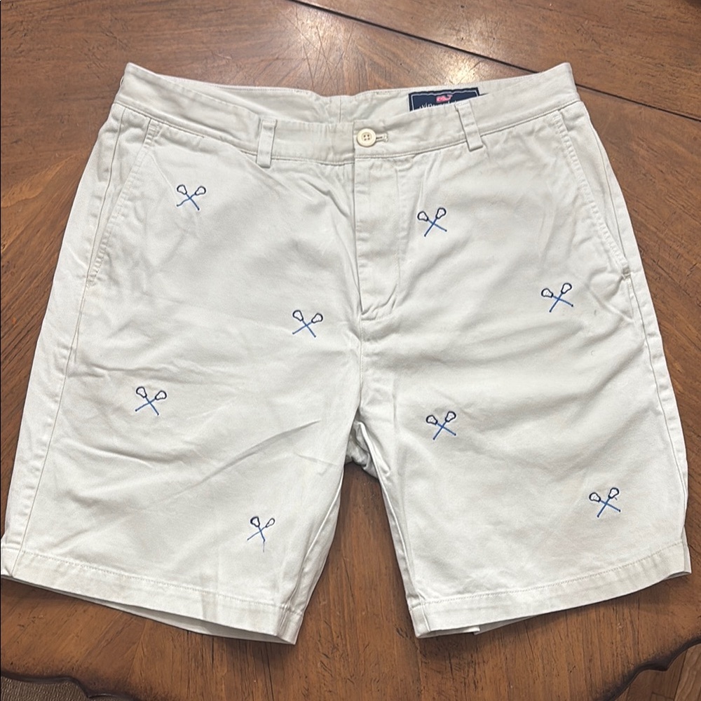 Vineyard Vines Khaki, Breaker Short Shorts with Blue Embroidered Lacrosse Sticks
